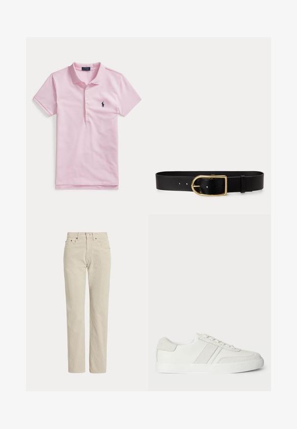 Polo rose clair à manches courtes avec un col, quatre boutons et un petit logo brodé bleu foncé sur la poitrine gauche.; Pantalon en velours côtelé beige droit avec passants de ceinture, bouton à l'avant, fermeture éclair et poches avant.; Basket blanche avec une tige en cuir lisse, des accents en suède et des lacets plats. Dispose d'une semelle en caoutchouc texturée et d'un design minimaliste.; Ceinture en cuir noir avec une grande boucle rectangulaire dorée et plusieurs trous de réglage, posée à plat sur un fond blanc.