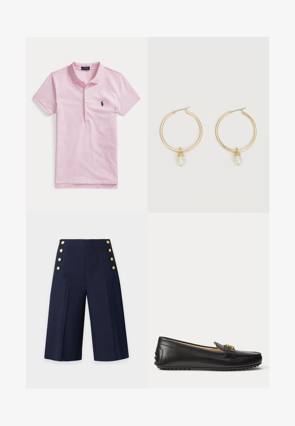 Lichtroze polo met korte mouwen, kraag, vier knopen en een klein donkerblauw geborduurd logo op de linkerborst.; Marineblauwe shorts met wijde pijpen, hoge taille en zes gouden decoratieve knopen, drie aan elke kant vlakbij de tailleband.; Zwarte leren loafer met gouden gespdetail en rubberen zool met noppen, zijaanzicht op witte achtergrond.; Gouden oorringen in de vorm van een ring, elk met een enkele hangende witte parel en een klein detail van strasssteentjes op een lichte achtergrond.