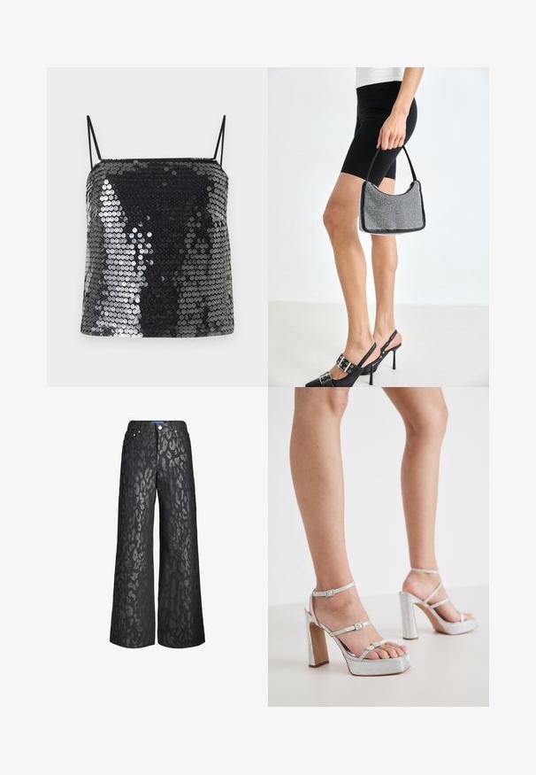 Haut caraco noir à sequins avec fines bretelles spaghetti et encolure carrée.; Pantalons larges noirs avec un motif en imprimé animal dans des nuances variées de gris. Fabriqués en denim, ils sont dotés de cinq poches et d'une fermeture à bouton à l'avant.; Sandales à talons hauts argentées avec des brides autour de la cheville, en matière texturée, avec un large talon bloc et des boucles ajustables.; Sac à main à perles noires avec une silhouette courbée, une poignée de transport et une texture brillante. Porté avec des chaussures à talons hauts noires et un short noir ajusté.