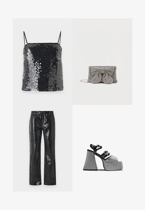 Haut caraco noir à sequins avec fines bretelles spaghetti et encolure carrée.; Pantalons noirs pailletés avec une coupe ajustée et un bas évasé. Le tissu a une texture brillante avec un motif de petits disques réfléchissants.; Sandale à plateforme noire et argentée avec trois brides ornées de boucles en strass et un talon large et texturé.; Sac à main gris pailleté avec une surface texturée, mettant en valeur un grand nœud sur le devant et une bandoulière en chaîne. Forme rectangulaire compacte.