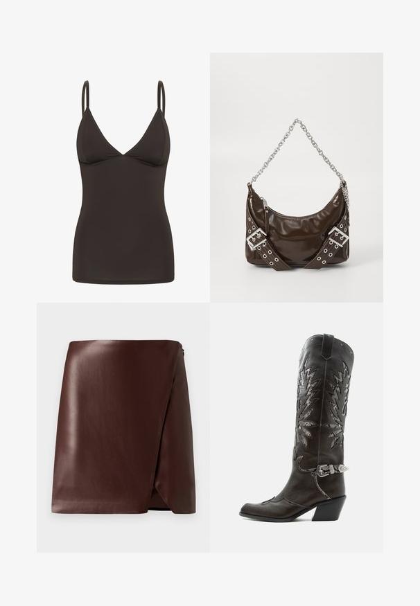 Camisole ajustée marron foncé avec de fines bretelles réglables et un décolleté en V.; Jupe portefeuille en cuir marron avec une texture lisse, ourlet asymétrique et fermeture éclair sur le côté. Design minimaliste sans motifs ni accents.; Botte de cowboy en cuir noir avec découpes décoratives, boucle argentée et talon incliné, présentée sur fond blanc.; Sac à main en cuir verni marron foncé avec une bandoulière en chaîne argentée, des ceintures décoratives à double boucle et une fermeture éclair.