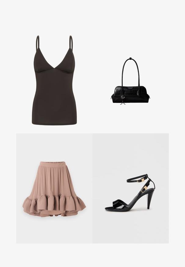 Camisole ajustée marron foncé avec de fines bretelles réglables et un décolleté en V.; Jupe beige clair jusqu'aux genoux en tissu doux, avec une large ceinture et un ourlet à volants évasés et superposés. Texture lisse tout au long.; Sandale à talon haut en cuir verni noir avec double bride de cheville et boucles dorées, bout ouvert, et talon effilé sur fond neutre.; Sac à épaule en cuir noir à texture crocodile, avec de longues sangles et un petit charm logo argenté sur une sangle.