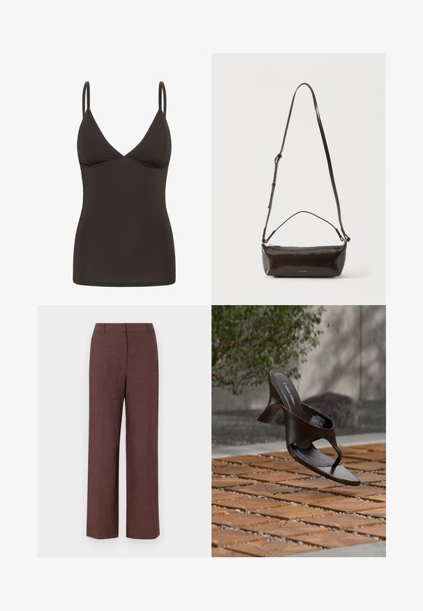 Camisole ajustée marron foncé avec de fines bretelles réglables et un décolleté en V.; Pantalons larges marron en tissu texturé avec une finition lisse, présentant un devant plat, des passants de ceinture et des poches latérales.; Sandale à talon marron Calvin Klein suspendue au-dessus d'un sol extérieur en dalles de bois et gravier avec un arrière-plan flou de verdure et de pierres.; Petit sac à bandoulière en cuir marron foncé brillant avec bandoulière réglable, poignée supérieure et fermeture éclair dorée.