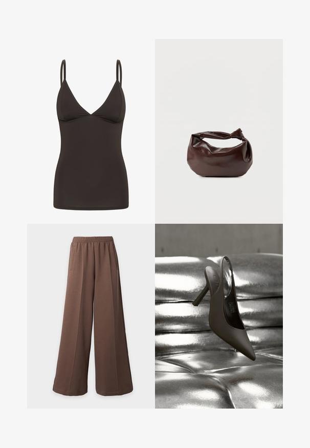 Camisole ajustée marron foncé avec de fines bretelles réglables et un décolleté en V.; Pantalon de survêtement marron ample à jambes larges avec une taille élastique et des poches latérales sur un fond clair uni.; Chaussure à talon haut noire à bout pointu et bride arrière reposant sur une surface capitonnée argentée brillante et métallique.; Sac bandoulière en cuir marron foncé avec une forme souple et décontractée et une anse nouée torsadée sur un fond blanc uni.