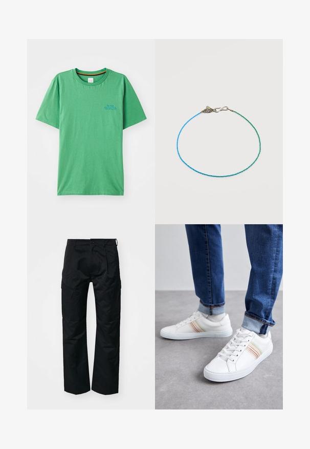 Grünes Baumwoll-T-Shirt mit rundem Halsausschnitt, kurzen Ärmeln und einem kleinen blauen Textdetails im linken Brustbereich. Glatte Textur.; Schwarze Cargo-Hosen mit glatter Textur, die über Seitentaschen, einen Knopfverschluss und einen lässigen Schnitt verfügen.; Weiße Leder-Sneaker mit mehrfarbigen Streifen, Schnürdesign, Gummisohle und gepolstertem Kragen, kombiniert mit blauen Jeans.; Zartes Perlenarmband mit kleinen blauen und grünen quadratischen Perlen und einem silbernen Hakenverschluss auf weißem Hintergrund.