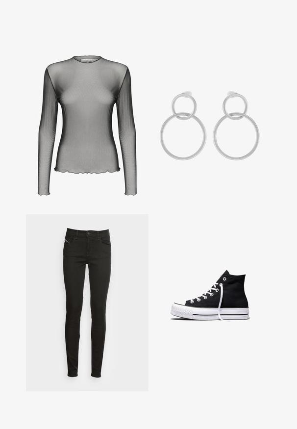 Haut à manches longues en mesh en tissu noir transparent avec un col rond et des bords festonnés ; présente une texture lisse et un design léger.; Jean skinny noir avec poches avant, passants de ceinture, fermeture à bouton et sous-pattes, présenté sur un fond blanc.; Baskets montantes en toile noire avec semelle en caoutchouc blanche et lacets blancs, vues de côté sur un fond blanc.; Boucles d'oreilles en métal argenté présentant deux cercles entrelacés, un plus grand et un plus petit, avec une finition brossée et des fermoirs à poussoir.