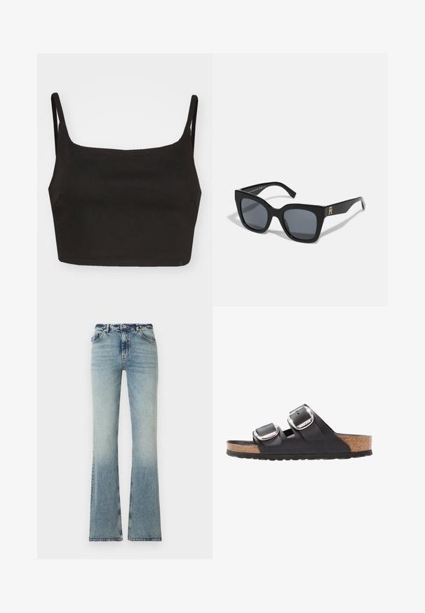 Musta crop-top ohuilla hihnoilla, valmistettu sileästä kankaasta. Siinä on suora pääntie ja minimalistinen muotoilu. Ei näkyviä kuvioita tai metalliosia.; Vaaleansinisen haalistuneen farkkukankaan korkeavyötäröiset farkut, joissa on levenevät lahkeet, edessä nappi- ja vetoketjusuljin sekä viisi taskua.; Mustat sandaalit, joissa on kaksi säädettävää hihnaa, hopeiset soljet ja korkkipohja teksturoidulla mustalla kumipohjalla.; Mustat aurinkolasit, joissa on rohkea neliömäinen muotoilu, tummat linssit ja kultainen logo yksiä varsia. Valmistettu kiiltävästä muovimateriaalista.