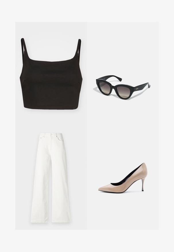 Musta crop-top ohuilla hihnoilla, valmistettu sileästä kankaasta. Siinä on suora pääntie ja minimalistinen muotoilu. Ei näkyviä kuvioita tai metalliosia.; Valkoiset leveälahkeiset farkut, joissa on korkeavyötärö, viisi taskua ja nappikiinnitys edessä. Sileä rakenne.; Beigen värinen kärjestään terävä patenttinahkainen korkokenkä, jossa on ohut piikkikorko ja musta sisävuori valkoisella taustalla.; Musta kissamainen aurinkolasit kiiltävällä pinnalla, gradienttiväreillä, leveillä kehillä ja kaiverrettu "MaxMara" -logo sivussa.