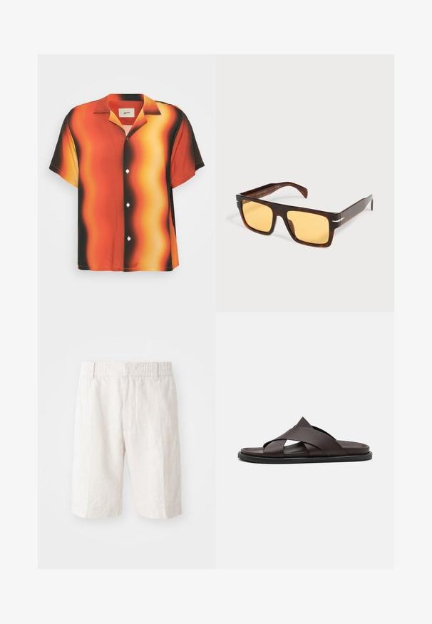 Korte mouwen overhemd met knopen in levendig oranje en zwart met een golvend patroon. Gemaakt van gladde stof, met witte knopen en een kraag.; Linnen shorts in lichtbeige met een elastische tailleband, zijzakken en een rechte snit. Vlotte textuur met minimaal zichtbare stiksels.; Stuart Weitzman BERKLEY - Muiltjes - espresso; Rechthoekige zonnebril met schildpaddessin, brede monturen en geel getinte glazen op een witte achtergrond.