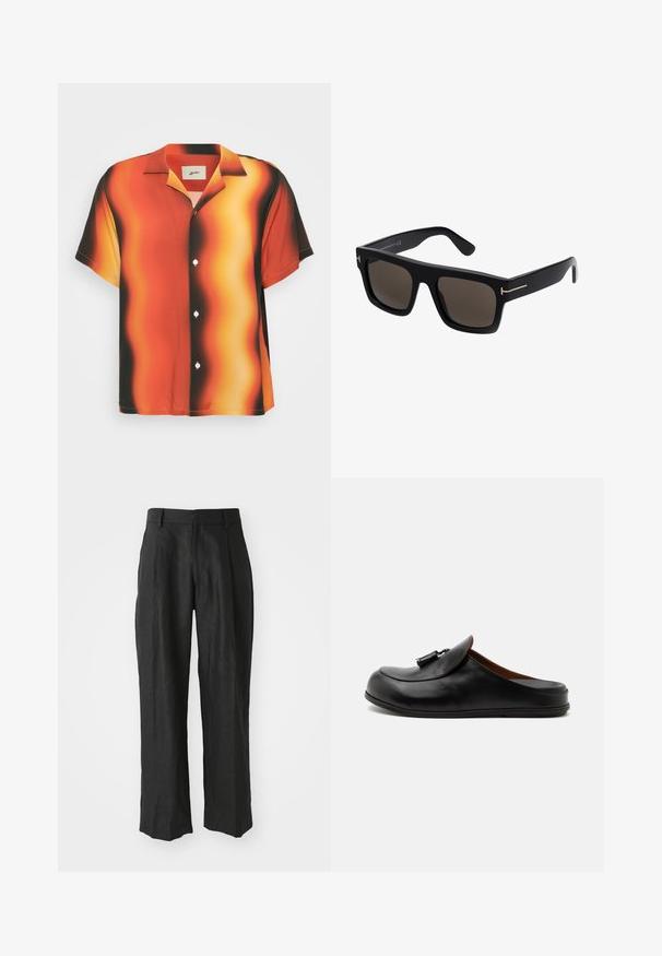 Korte mouwen overhemd met knopen in levendig oranje en zwart met een golvend patroon. Gemaakt van gladde stof, met witte knopen en een kraag.; Zwarte linnen broek met een recht model, voorzien van opvallende plooien aan de voorkant en een gladde, textuurafwerking.; Zwarte leren backless loafer met kwastjes aan de bovenkant, zijaanzicht op een lichte effen achtergrond.; Zwarte vierkante zonnebril met donkere lenzen, featuring gouden accenten op de armen en een gladde kunststof textuur.