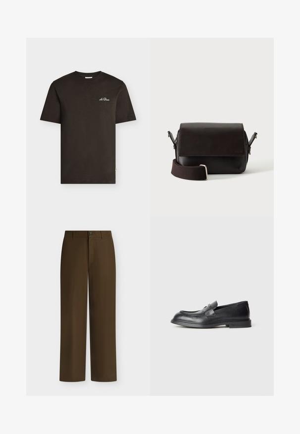 T-shirt noir à manches courtes avec petit logo blanc "Les Deux" sur la poitrine gauche, col rond, présenté sur un fond clair uni.; Pantalon marron droit avec passants de ceinture, fermeture avant par bouton et zip, présenté sur un fond clair uni.; Mocassins en cuir noir avec une finition texturée, dotés d'une bride décorative à l'avant et d'un bout arrondi. Semelle en caoutchouc pour plus de durabilité.; Sac bandoulière en cuir marron foncé avec fermeture à rabat et sangle en tissu réglable sur fond blanc.