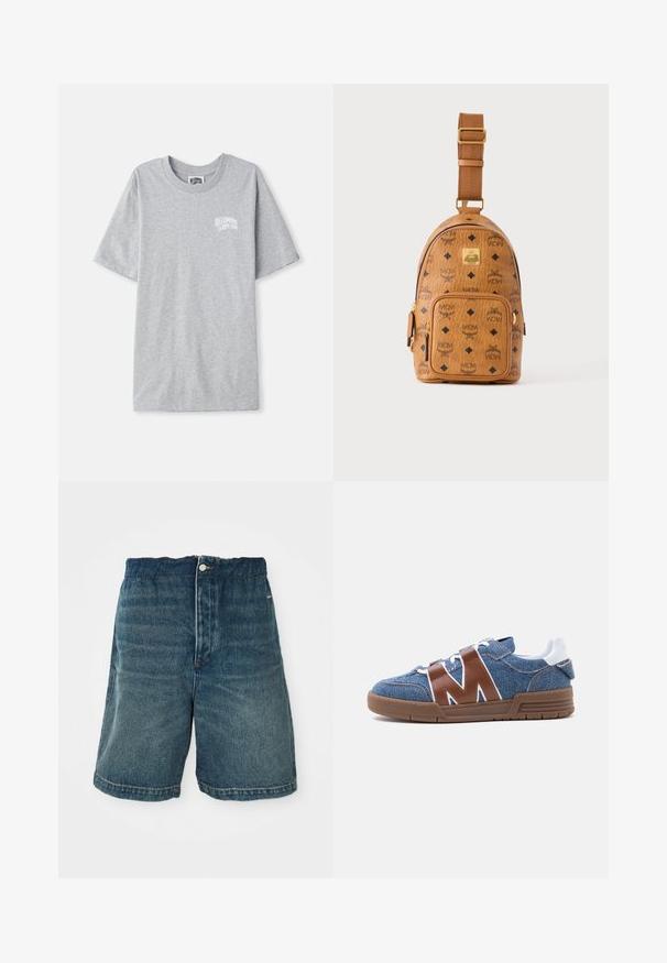 Helle graue kurzärmelige T-Shirt mit kleinem weißen "Billionaire Boys Club"-Logo auf der linken Brust.; Dunkelblaue Denim-Shorts mit lockerer Passform, Knopfverschlüsse und sichtbaren Nähten an Saum und Taschen.; Blauer Denim-Sneaker mit braunen Leder M-förmigen Riemen, weißen Schnürsenkeln, weißem Fersenlaschen und brauner Gummisohle, von der Seite gezeigt.; Kleine hellbraune Leder-Crossbody-Tasche mit verstellbarem Riemen, Frontreißverschlusstasche und sich wiederholendem schwarzem MCM-Logo-Muster.