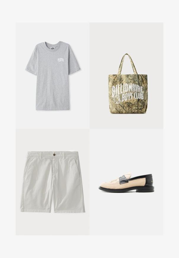 Lichtgrijze T-shirt met korte mouwen en klein wit logo "Billionaire Boys Club" op de linkerborst.; Witte katoenen shorts met een knoopsluiting, riemlussen en zijzakken. De stof lijkt glad met een klassieke, op maat gemaakte uitstraling.; Beige geweven loafer met zwarte leren afwerking, afgeronde neus, zwarte zool en decoratief gestikt patroon aan de bovenzijde.; Shopper met camouflagepatroon gemaakt van gestructureerde stof met twee handvatten. Voorzien van een opvallend wit logo aan één kant.