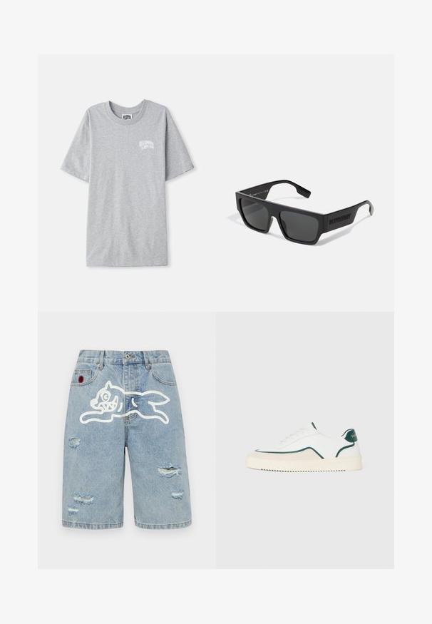 Helle graue kurzärmelige T-Shirt mit kleinem weißen "Billionaire Boys Club"-Logo auf der linken Brust.; Icecream RUNNING DOG - Jeans Shorts - heavy wash blue; Weiße Low-Top-Sneaker mit grünen Akzenten, beigen Wildlederdetails und einer cremefarbenen Sohle mit gerilltem Boden.; Schwarze Sonnenbrille mit rechteckiger Form, mattem Finish und grauen Gläsern. Mit eingeprägtem Logo an den Bügeln. Klassisches Design.
