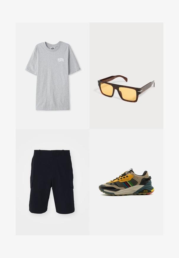 Heled hall lühikeste varrukatega T-särk, mille vasakul rinnal on väike valge "Billionaire Boys Club" logo.; rag & bone CADE - Lühikesed püksid - black; Mitmevärvilised spordijalatsid, mis koosnevad nahast ja võrkmaterjalist, kollase ja musta värviskeemiga, tekstuursete tallade ja külgaktsentidega.; Ruutujad pruunikirjud päikeseprillid laiade raamidega ja kollakas toonis läätsedega valgel taustal.