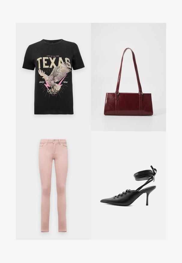 Schwarzes Baumwoll-T-Shirt mit einem Grafikdesign eines Hawks, fettem Text "TEXAS" in Creme und Pink, Blitzen als Akzenten und einem Vintage-Design.; Rosa Denim Skinny Jeans mit körperbetontem Schnitt, ausgestattet mit einem Reißverschluss, Knopfverschluss, fünf Taschen und dezenten Nähten.; Schwarzer spitzer High-Heel-Schuh mit Schnürung vorne und wickelnden Knöchelriemen, die zu einer Schleife gebunden sind, von der Seite auf weißem Hintergrund gezeigt.; Burgunderfarbene Handtasche aus glänzendem Material, rechteckige Form, mit zwei Schulterriemen und subtilen, geschwungenen Akzenten an der Vorderseite.