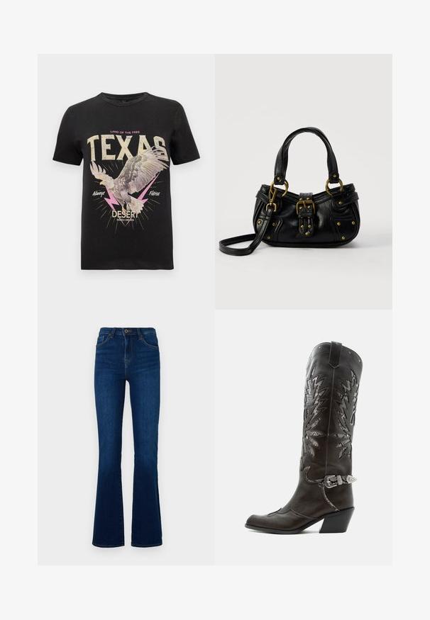 Čierne bavlnené tričko s grafikou sokola, výrazným textom "TEXAS" v béžovej a ružovej farbe, bleskovými akcentmi a retro dizajnom.; Tmavomodré rozšírené džínsy vyrobené z denimu s vysokým pásom, s prednými vreckami, zipsovým zapínaním a jemnými švami.; Čierna kožená kovbojská čižma s dekoratívnymi výrezmi, striebornou prackou a šikmým podpätkom, zobrazovaná na bielom pozadí.; Čierna kožená kabelka so zlatou prackou a nitmi, krátkymi rúčkami a nastaviteľným popruhom cez rameno na čistom bielom pozadí.