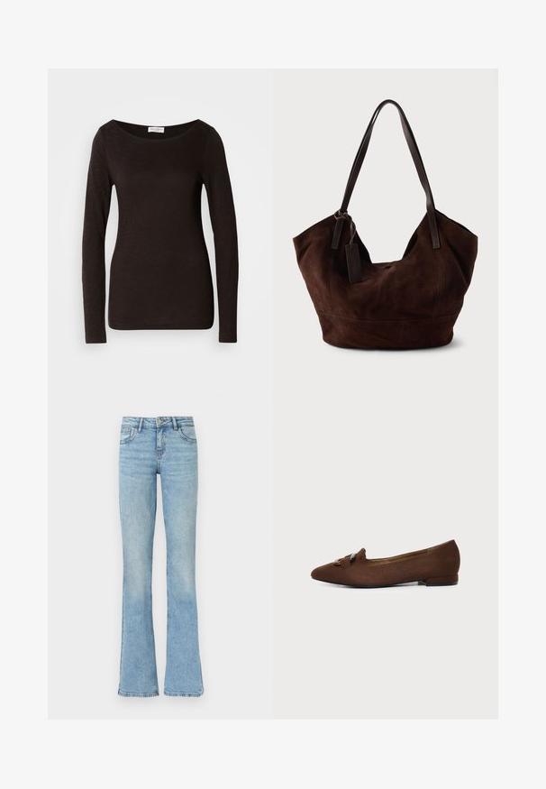 T-shirt noir à manches longues, ajusté, avec un col rond, légèrement texturé et une petite étiquette de marque blanche à l'intérieur du col.; Jean en denim bleu clair avec une taille haute et des jambes évasées, doté de poches avant, passants pour ceinture et fermeture par bouton.; Chaussure plate marron à bout pointu avec détail décoratif de boucle sur le dessus, sur fond clair uni.; Handbag en cuir suédé marron avec une forme douce et souple. Doté de poignées en cuir et d'une étiquette décorative. Texture plain avec des coutures courbes.