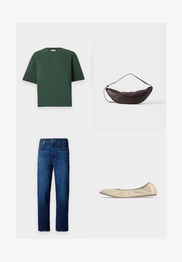 T-shirt en coton vert avec une coupe décontractée, col rond et manches courtes. Texture lisse et design minimaliste.; Jean en denim bleu foncé avec une coupe droite, design à cinq poches, couture visible et fermeture à bouton. Texture lisse.; Ballerine beige en cuir souple avec bout arrondi, profil latéral bas et semelle fine en caoutchouc sur fond blanc uni.; Sac d'épaule en cuir marron foncé en forme de croissant avec une lanière courbée et des coutures visibles sur fond uni.