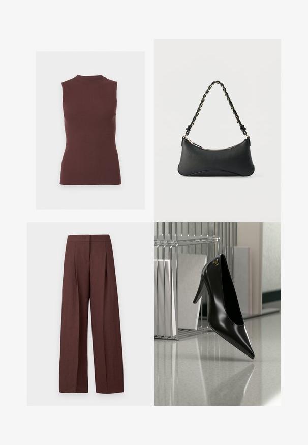 Top sans manches en maille côtelée marron foncé avec col montant et silhouette ajustée.; Pantalon marron à jambes larges et taille haute avec plis devant et fermeture avant dissimulée, présenté sur fond blanc uni.; Chaussure noire à talon haut avec bout pointu et logo doré, posée sur une surface réfléchissante près d'un organiseur de dossiers en fil chromé contenant des documents.; Sac à bandoulière en cuir noir de forme rectangulaire incurvée, avec une chaîne dorée tissée dans la bandoulière noire tressée et une fermeture éclair sur le dessus.