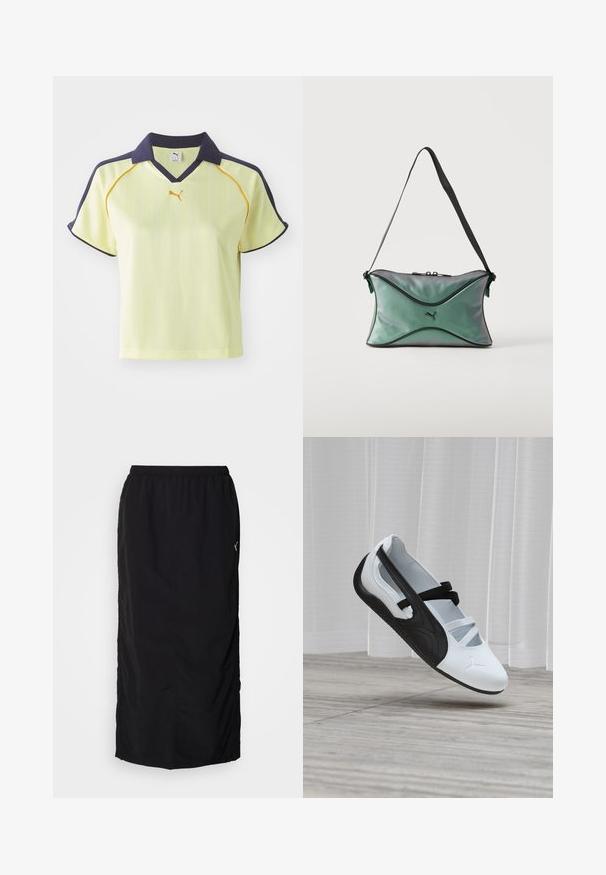 Polo shirt jaune avec col bleu marine, rayures verticales et accents jaunes. Dispose de manches courtes et d'un col en V. Logo Puma sur la poitrine.; Jupe de sport noire avec une taille élastique, dotée de fentes latérales pour faciliter les mouvements et d'un minimum de détails de marque sur le côté droit.; Chaussure ballerine blanche et noire avec des sangles élastiques croisées, flottant au-dessus d'un sol en bois et de rideaux blancs translucides en arrière-plan.; Petit sac d'épaule vert irisé avec bordure noire, sangle réglable noire, fermeture éclair et logo Puma au centre avant.