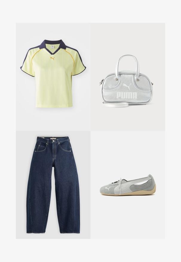 Polo shirt jaune avec col bleu marine, rayures verticales et accents jaunes. Dispose de manches courtes et d'un col en V. Logo Puma sur la poitrine.; Jean en denim bleu foncé, à coupe ample, avec des coutures claires, cinq poches et un bouton de fermeture à la taille.; Chaussure plate en daim Puma gris clair avec logo blanc, lacets à l'avant, côtés découpés et semelle beige texturée, vue du côté extérieur.; Petit sac à main Puma argent métallisé avec deux poignées supérieures, une longue bandoulière, logo sur le devant et fermeture zippée sur fond uni clair.