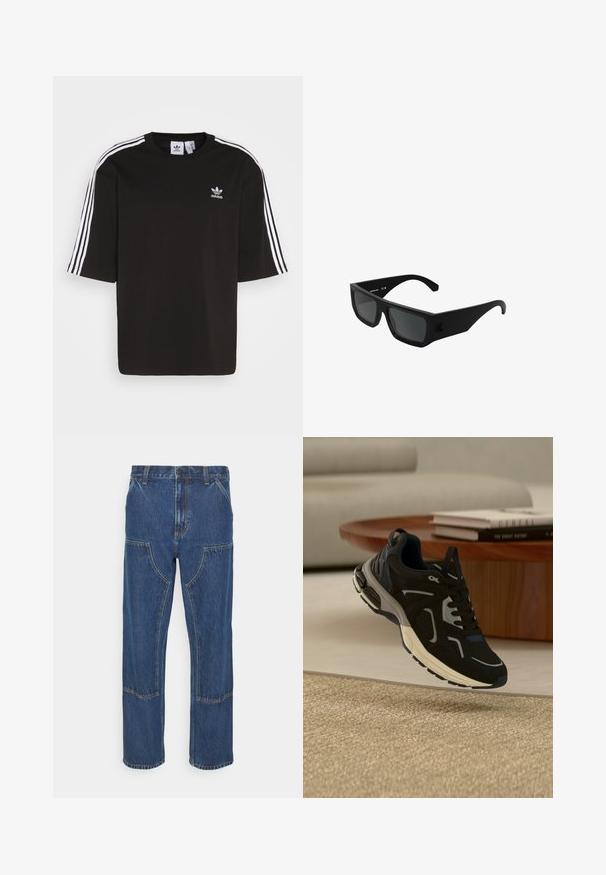 T-shirt noir à manches courtes en coton, avec des accents de trois rayures blanches sur les épaules et un logo Adidas brodé sur la poitrine.; Jean en denim bleu avec une coupe droite, poches avant à patch et coutures contrastées. Le tissu a une texture et une finition classiques.; Baskets athlétiques noires et grises suspendues au-dessus d'un tapis beige tissé avec une table en bois et des livres en arrière-plan.; Lunettes de soleil rectangulaires noires avec verres foncés, finition mate, branches épaisses et détail de logo subtil sur le côté. Met en avant un design audacieux et moderne.