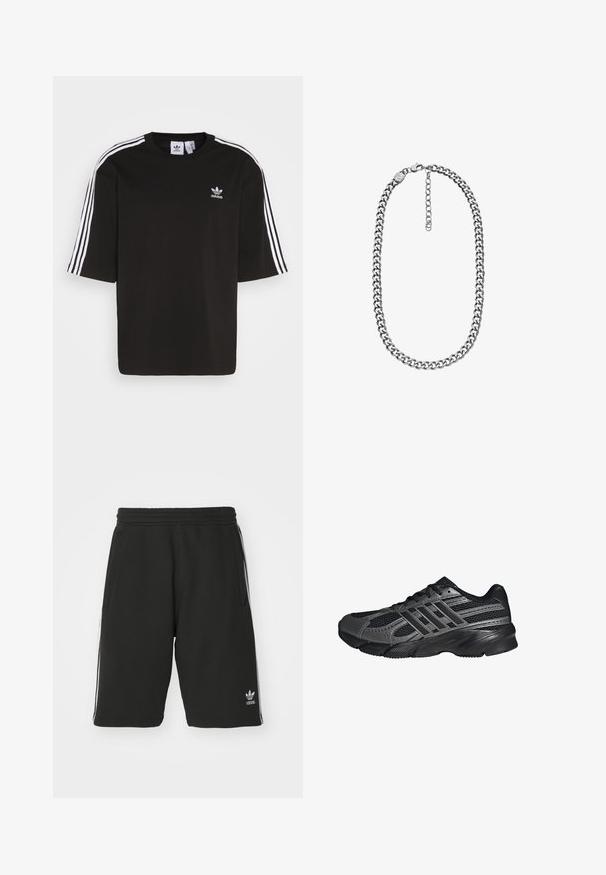 Zwarte T-shirt met korte mouwen, gemaakt van katoen, met witte drie-strepen accenten op de schouders en een geborduurd Adidas-logo op de borst.; Zwarte shorts van een katoenmix met een elastische tailleband, voorzien van witte zijkanten en een klein logo aan de onderlinkerkant.; Zwarte sportschoenen gemaakt van mesh en synthetische materialen, met een getextureerd oppervlak, meerdere grijze strepen en een gevoerde kraag.; Zilverkleurige curb ketting met een karabijnsluiting en verstelbare verlengketting op een witte achtergrond.