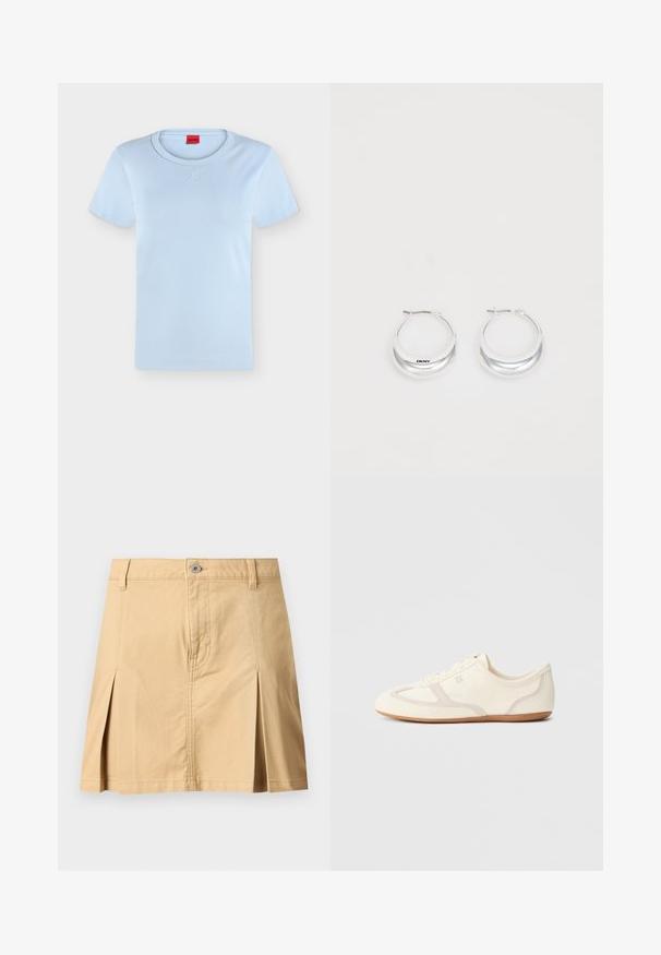 T-shirt bleu clair à manches courtes avec col rond et logo "HUGO" en relief subtil centré sous le col, ainsi qu'une étiquette intérieure rouge.; Jupe beige longueur genou avec passants de ceinture, fermeture à boutons sur le devant, deux plis avant et coutures visibles sur fond uni.; Baskets couleur crème avec une tige en daim et tissu, un bout arrondi, et une semelle en caoutchouc avec un détail accent beige. Fermeture à lacets.; Boucles d'oreilles en argent avec une finition polie et un branding DKNY, présentées sur un fond blanc uni.