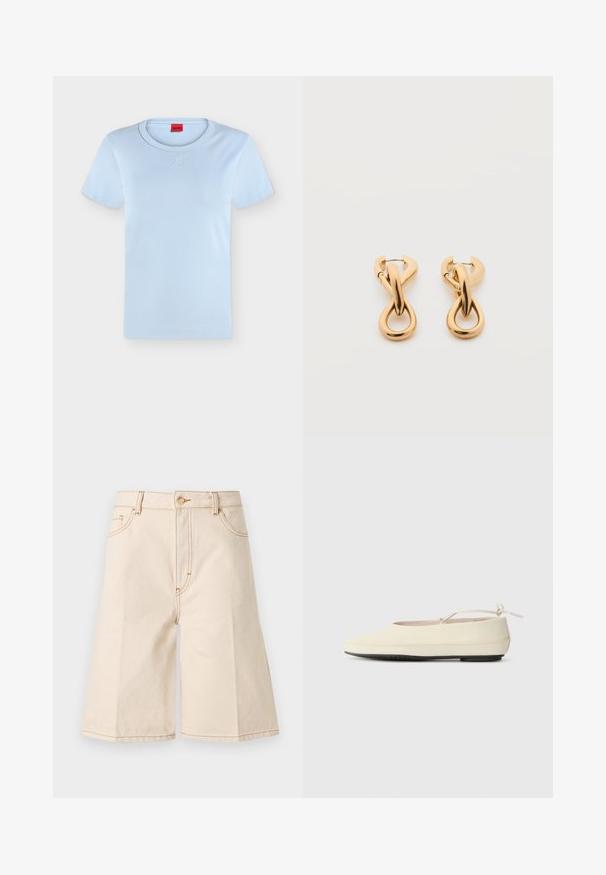 T-shirt bleu clair à manches courtes avec col rond et logo "HUGO" en relief subtil centré sous le col, ainsi qu'une étiquette intérieure rouge.; Shorts en denim beige taille haute longueur au genou avec bouton et fermeture éclair à l'avant, passants pour ceinture, ainsi que poches latérales et poche monnaie.; Des chaussures plates de couleur crème avec un bout arrondi, une sangle à la cheville et une semelle en caoutchouc noir contrastante. Matériau lisse avec un detailing minimal.; Paire de boucles d'oreilles créoles en bouclettes dorées brillantes sur fond blanc uni, présentant un design torsadé entrelacé.