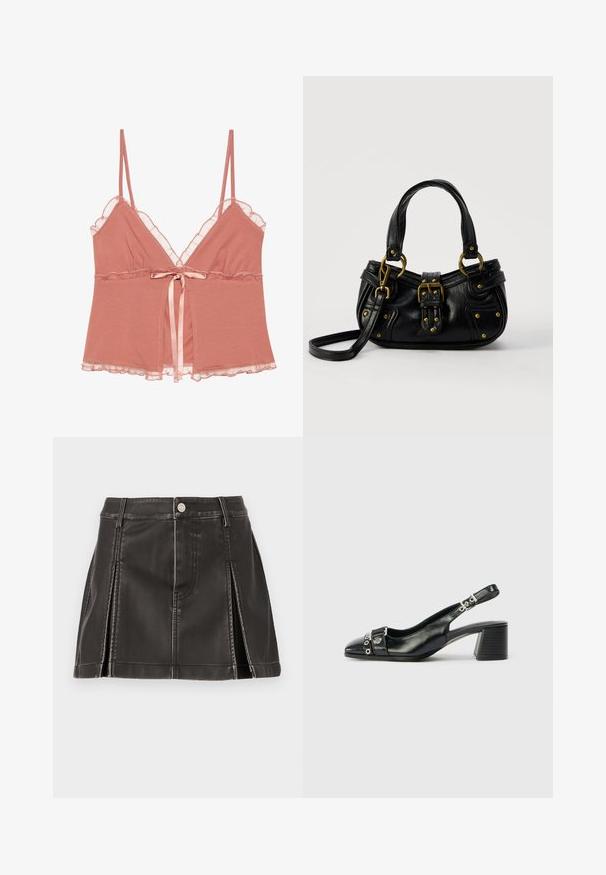 Camisole en rose poussiéreux avec dentelle, bretelles spaghetti ajustables et un nœud en satin à la taille. Tissu doux avec un design fluide.; Jupe en simili cuir noire taille haute, avec des détails brodés et des plis latéraux. Fermeture à bouton en métal à l'avant.; Sandale à talon en cuir noir avec un bout pointu, une sangle texturée ornée d'accents métalliques circulaires et un talon empilé.; Sac à main en cuir noir avec boucle dorée et détails à rivets, poignées courtes et bandoulière réglable sur fond blanc uni.
