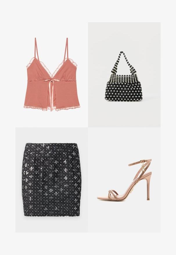 Støvet rosa camisole med blondekant, justerbare spaghettistropper og et satinbånd i taljen. Blødt stof med et flagrende design.; Sort mini nederdel dækket af små sølvfarvede pailletter arrangeret i blomstermønstre på tekstureret stof.; Nøgen højhælet sandal med tynde remme, ankelspænde og gulddetalje på hvid baggrund.; Sort-hvid perlebesat håndtaske med kort håndtag, der har skiftevis perleagtige og sorte facetterede perler i et ternet mønster.