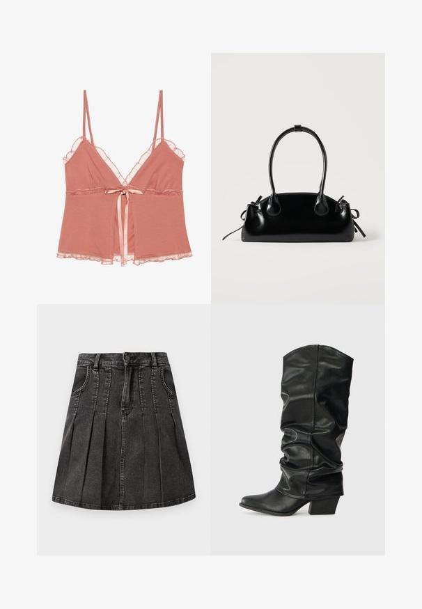 Camisole en rose poussiéreux avec dentelle, bretelles spaghetti ajustables et un nœud en satin à la taille. Tissu doux avec un design fluide.; Jupe en denim noir avec un design plissé, des passants de ceinture, des poches avant et une fermeture à boutons. Texture lisse avec un léger éclat.; Bottes noires en cuir, montantes jusqu'au genou, avec un design plissé, un bout pointu et un talon épais, présentant une texture lisse et des coutures minimales.; Petit sac à main noir brillant avec deux longues anses et des détails à cordon sur les côtés sur un fond clair uni.