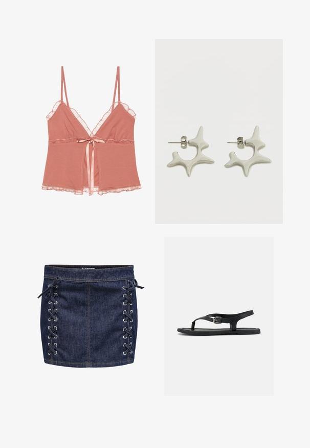 Camisole en rose poussiéreux avec dentelle, bretelles spaghetti ajustables et un nœud en satin à la taille. Tissu doux avec un design fluide.; Mini-jupe en denim bleu foncé avec détail de laçage sur le côté et œillets en argent. Présente une texture lisse et des coutures contrastées.; Sandale plate noire avec bride à la cheville, entre-doigt et boucle argentée sur semelle lisse, vue de côté sur fond blanc.; Boucles d'oreilles en argent présentant un design abstrait distinctif avec des formes irrégulières et une finition brillante. Comprend une attache à tige pour fixation.