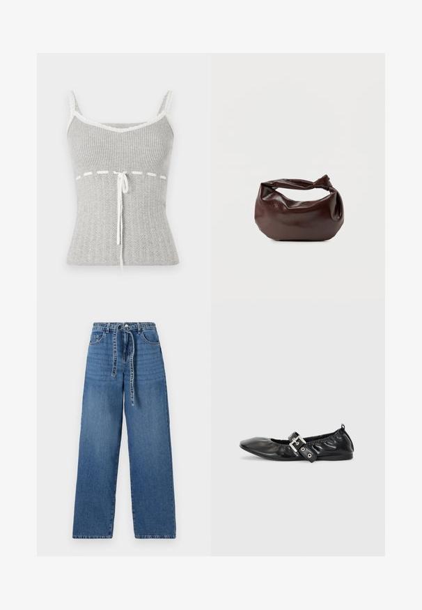 Camiseta sin mangas gris con textura acanalada y tirantes finos, con ribete de encaje blanco, cordón en la cintura y un patrón texturizado en la tela.; Jeans de denim azul claro de pierna ancha con cintura alta, que presentan un cierre con lazo, dos bolsillos frontales y un patrón ligeramente deslavado.; Zapato plano de piel negra con puntera afilada, detalle fruncido alrededor de la abertura y un acento de hebilla plateada en la correa ajustable.; Bolso de hombro de cuero marrón oscuro con una forma suave y caída, y un asa con nudo torcido sobre un fondo blanco liso.