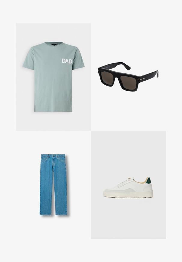 Helles grünes T-Shirt aus Baumwolle mit Rundhalsausschnitt und einem weißen "DAD"-Logo auf der linken Brust. Kurze Ärmel, normale Passform.; Blaue gerade geschnittene Jeans mit Knopf- und Reißverschluss vorne, Gürtelschlaufen sowie vorne und hinten Taschen.; Weiße Sneaker mit Wildlederelementen, runder Zehenpartie, flachen Schnürsenkeln und einer cremefarbenen Gummisohle. Mit grünen Markenlogo am Fersenbereich.; Schwarze quadratische Sonnenbrillen mit dunklen Linsen, mit goldfarbigen Akzenten an den Bügeln und einer glatten Kunststoffoberfläche.