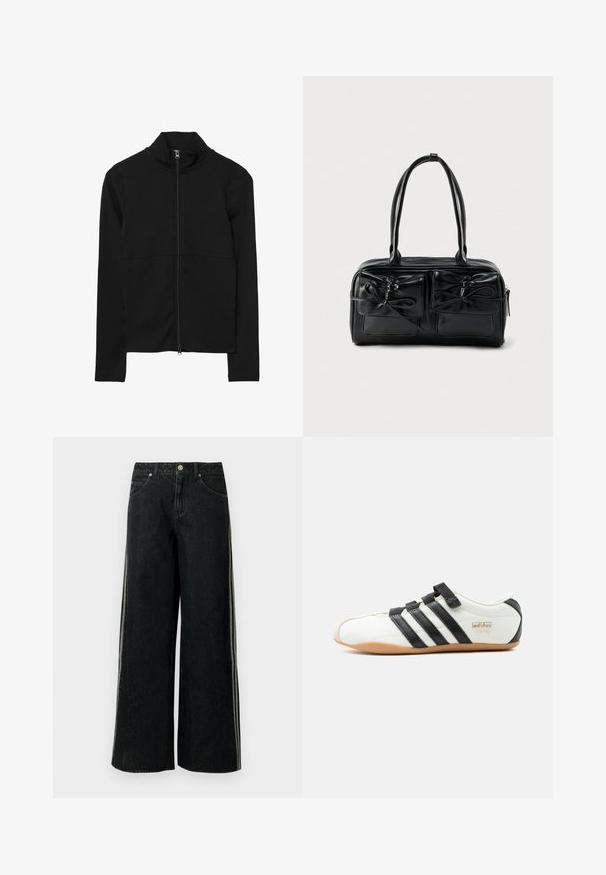 Veste zippée noire à manches longues avec col haut, fermeture éclair frontale sur toute la longueur et design ajusté.; Jean en denim noir à jambes larges avec des bandes latérales, poches avant, passants pour ceinture et fermeture à bouton métallique à la taille.; Baskets Adidas Tokyo blanches avec des bandes noires, des sangles velcro noires et une semelle en gomme, présentées de profil sur un fond blanc.; Sac à main en cuir noir avec deux poches avant et accents en forme de nœud, doté de poignées robustes et d'une forme rectangulaire structurée.