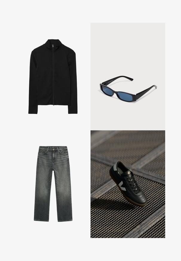 Veste zippée noire à manches longues avec col haut, fermeture éclair frontale sur toute la longueur et design ajusté.; Jean droit taille haute en denim noir délavé avec poches avant, passants de ceinture, fermeture par bouton et zip.; Basket en cuir noir avec des accents gris, des lacets et une semelle en caoutchouc. Présente un logo blanc bien visible et un design de tige texturée.; Lunettes de soleil noires avec une monture rectangulaire élégante et des verres bleus. Présente une texture lisse et des branches robustes. Logo de la marque sur le côté.