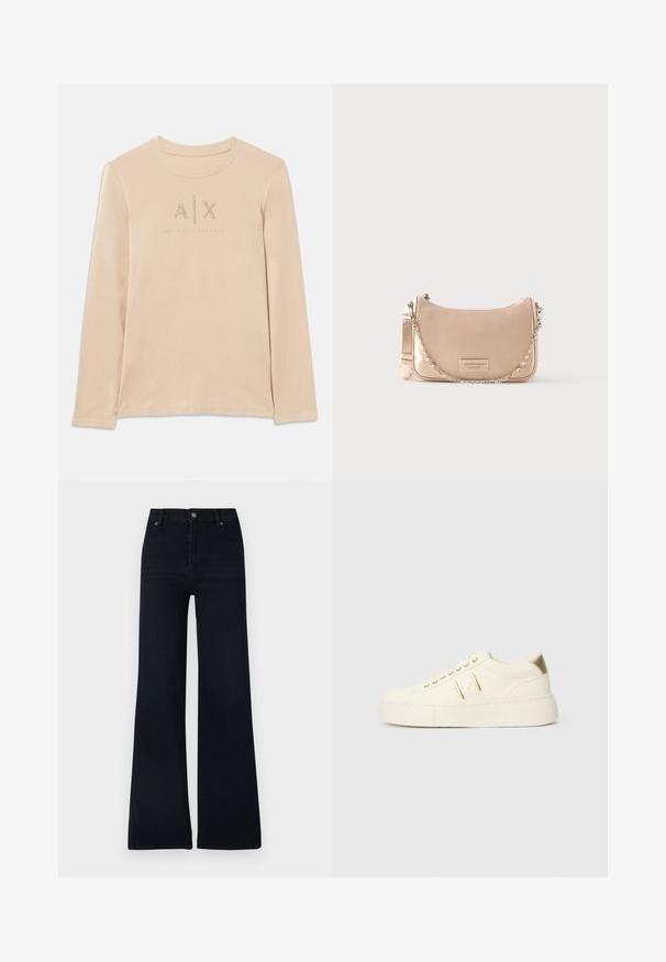 Langærmet, lys beige skjorte lavet af glat stof, med A|X-logo prydet med klare rhinsten og rund krave.; Mørkeblå, udvidede jeans lavet af denim. Har lynlåslukning med knap, fem lommer og et rent design med minimale teksturvariationer.; Cremefarvet lavtop sneaker med guld accenter, snørebånd og præget "Armani Exchange" branding på sålen og siden.; Bleg lyserød håndtaske med en buet silhuet, glat lædermateriale og en kæderem. Har en logo-patch på fronten.