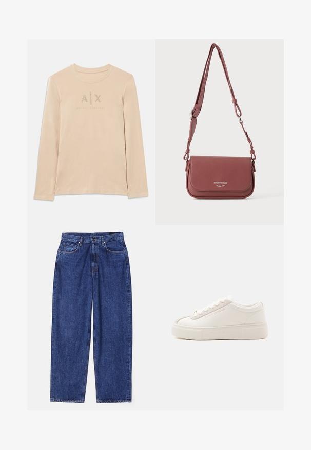 Langærmet, lys beige skjorte lavet af glat stof, med A|X-logo prydet med klare rhinsten og rund krave.; Blå denim bredbenede jeans med høj talje, fem lommer og klassisk knap- og lynlås-lukning. Struktureret stof med diskret falmning.; Hvid lav sneaker med tyk sål, snørelukning foran og subtil Armani Exchange branding på siden og sålen, vist på en ensfarvet baggrund.; Lille tekstureret mauve læder crossbody taske med justerbar rem og klaplukning med prægget sølv brandlogo.