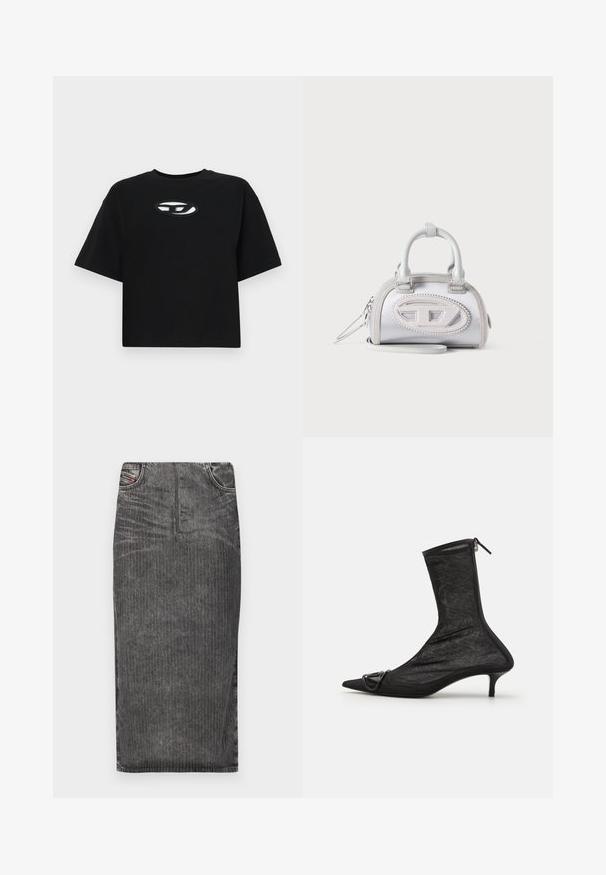 Μαύρη βαμβακερή μπλούζα t-shirt με cropped σχέδιο, κοντά μανίκια και στρογγυλή λαιμόκοψη. Διαθέτει αντίθετο οβάλ λογότυπο στο στήθος.; Γκρι τζιν μίντι φούστα με κάθετες ρίγες, διαθέτει ψηλή μέση, πέντε τσέπες και καθαρή γραμμή στο κάτω μέρος.; Μαύρο πλέγμα μποτάκι μέχρι τον αστράγαλο με μυτερή μύτη, κλείσιμο με φερμουάρ και μικρό τακούνι. Περιλαμβάνει μια διακοσμητική αγκράφα κοντά στην περιοχή της μύτης.; Μικρή λευκή γυναικεία τσάντα με διπλές λαβές, οβάλ κεντημένο λογότυπο μπροστά και αποσπώμενο λουράκι καρπού σε φωτεινό φόντο.