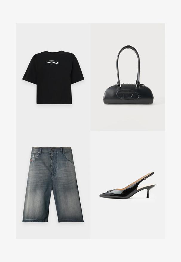 Sort bomulds T-shirt med en cropped design, korte ærmer og rund halsudskæring. Har et kontrastfyldt ovalt logo på brystet.; Denimshorts i en udvasket blå nuance med fem-lomme design, knaplukning og subtile syningsdetaljer.; Sort patentlæder slingback hæl med spids tå, lille kitten hæl og sølvspænde på en ensartet hvid baggrund.; Sort læderhåndtaske med lange dobbelte håndtag og præget ovalt logo foran, vist mod en ensartet lys baggrund.