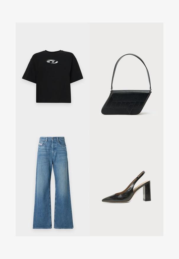 Sort bomulds T-shirt med en cropped design, korte ærmer og rund halsudskæring. Har et kontrastfyldt ovalt logo på brystet.; Vidbenede denimjeans i lyseblå med pynt på forlommerne. Har høj talje og en glat tekstur.; Sort læder peep-toe slingback sko med høj blokhæl og beige indvendig foring mod en ensfarvet lys baggrund.; Sort skuldertaske i læder med trekantet form, præget logo og en enkelt justerbar rem. Minimalistisk design med glat tekstur.