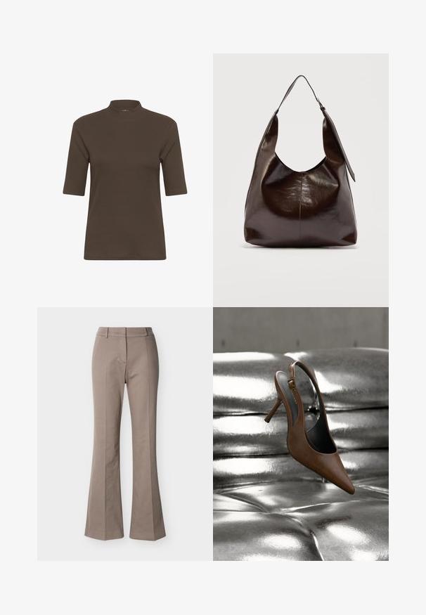 T-shirt marron à rayures avec col montant et manches courtes, présentant une texture lisse et une coupe ajustée.; Pantalon beige taille haute à jambes larges, avec détails de couture à l'avant, passants de ceinture et fermeture frontale cachée, présenté sur un fond blanc.; Escarpin slingback marron en cuir à talon haut flottant au-dessus d’un canapé en cuir argenté, brillant et capitonné.; Sac à bandoulière en cuir marron foncé brillant avec une seule large sangle et un détail de boucle sur un côté, posé sur un fond clair uni.