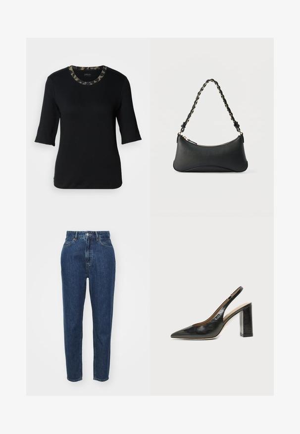 T-shirt noir à manches courtes avec un col rond, doté d'un col à motif camouflage. Fabriqué en tissu doux et extensible avec une texture lisse.; Jeans en denim avec une taille haute, jambe droite, couleur bleu foncé, design classique à cinq poches et fermeture à bouton en métal.; Chaussure slingback en cuir noir à bout pointu avec un talon bloc haut et une doublure intérieure beige sur un fond clair uni.; Sac à bandoulière en cuir noir de forme rectangulaire incurvée, avec une chaîne dorée tissée dans la bandoulière noire tressée et une fermeture éclair sur le dessus.