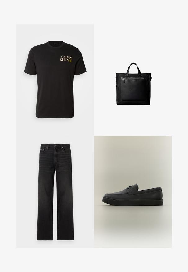 Must must t-särk lühikeste varrukatega, millel on ees vasakul rinnal kuld- ja valget kirja "CALVIN KLEIN CK". Klassikaline ümmargune kaelus.; Mustad sirgete sääreosadega teksad, millel on viie tasku disain, vööaasad ja nööpidega kinnitamine, valgel taustal.; Must nahast vabaaja loafer, millel on paeltega detailid ja paks kummist tald, nähtav küljelt neutraalsel taustal.; Must kahe käepidemega kandekott, suur esiosa nahast tasku tõmblukuga ja diskreetne Calvin Kleini logo tasku keskel.