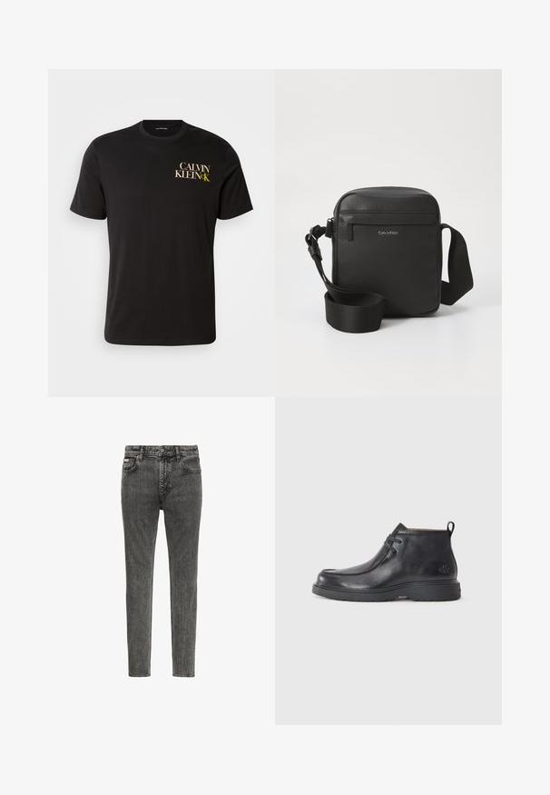 Čierne bavlnené tričko s krátkymi rukávmi, na prednej ľavej strane hrude s potlačou v zlatej a bielej farbe s textom "CALVIN KLEIN CK." Klasický okrúhly výstrih.; Slim-fit vyblednuté čierne rifle z denimu s piatimi vreckami, pätkami na opasok a zapínaním na gombíky v páse, zobrazené spredu na bielom pozadí.; Čierne kožené členkové čižmy s okrúhlou špičkou, šnurovací dizajn a pútko na zadnej strane. Štruktúrovaný zvršok a gumová podrážka.; Čierna kožená crossbody taška s textúrovaným povrchom, s prednou zipsovou kapsou a nastaviteľným textilným popruhom. Viditeľné logo značky.