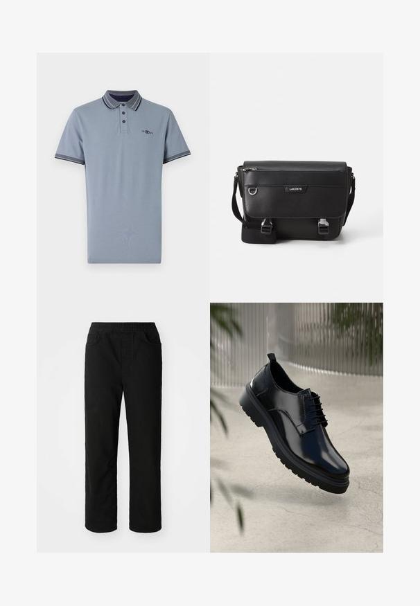 Helesin sinine puuvillane polo särk, mis on varustatud kontrastse krae ja tumesiniste aktsentidega, kahe nupuga pihaga ning väikese logoga rinnal.; Must have lõikega mustad puuvillased püksid, elastse vöökoha, kahe esipocketi ja sirgete jalgadega. Sile tekstuur, ilma nähtavate mustriteta.; Must musta kingad, millel on läikiv pind, ümmargune varvas, nööridega sulgemine, kontrastõmblused ja paks kummist tald, millel on mustrimuster.; Musta tekstuuriga Lacoste sõnumikott, millel on reguleeritav rihm, esiklapiga, tõmblukuga tasku ja metallist pandlad.