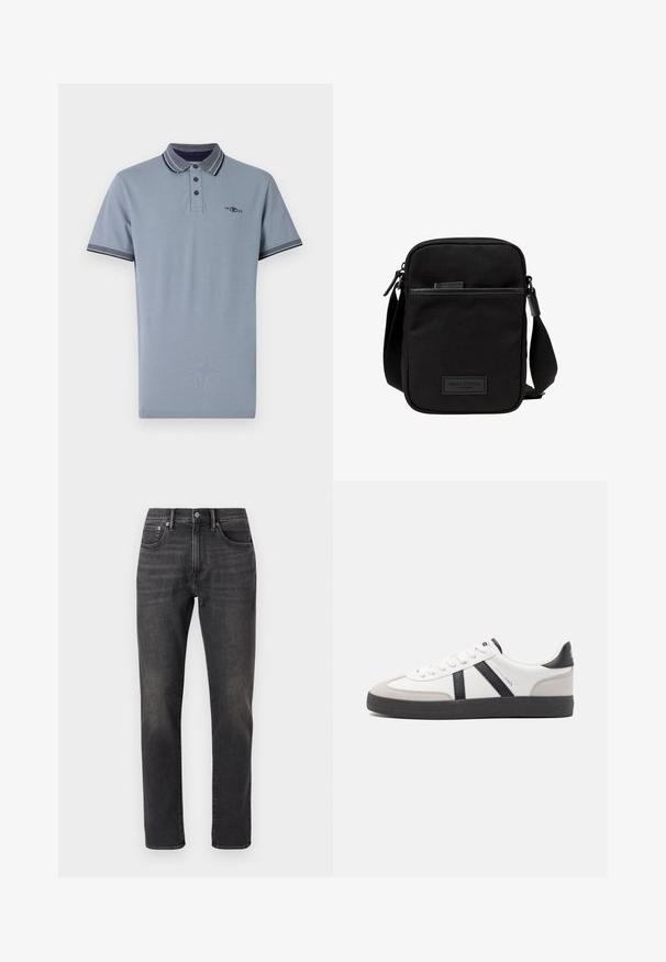Polo shirt in lichtblauw katoen, met een contrasterende kraag met marineblauwe accenten, een placket met twee knopen en een klein logo op de borst.; Zwarte denim jeans met een recht model, voorzien van voorzakken, een knoopsluiting en subtiele vervaging op de stof.; Witte sneaker met zwarte en grijze accenten, voorzien van een grijze neus met textuur, zwarte rubberen zool en platte witte veters. Schoon ontwerp, minimalistische stijl.; Zwarte stoffen crossbody tas met een ritssluiting hoofdcompartiment, leren accenten, een voorkantvak en een verstelbare band. Marc O'Polo logo zichtbaar.