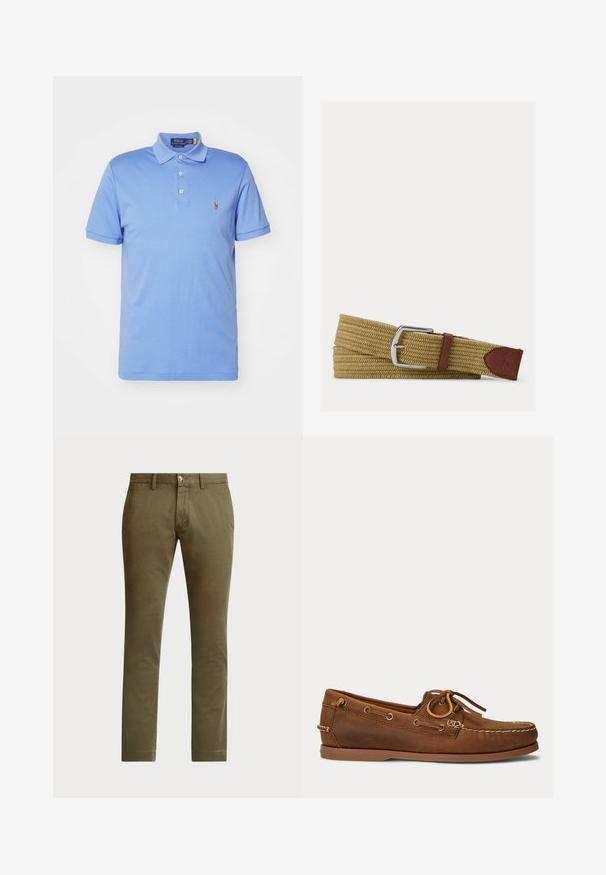 Svetlomodrá polo košeľa z bavlny, s golierom, trojicou gombíkov na prednej strane a malým vyšitým logom na ľavom prsníku.; Polo Ralph Lauren BEDFORD STRETCH SLIM FIT CHINO PANT - Nohavice chinos - canopy olive; Hnedá kožená lodná topánka s mokasínovým šitím, detailom šnúrky prestrčenej kovovými očkami a plochou gumovou podrážkou zobrazená z bočného pohľadu.; Prepletený svetlohnedý látkový opasok so striebornou metalovou prackou a hnedými koženými akcentmi, vrátane zašitého loga na konci.